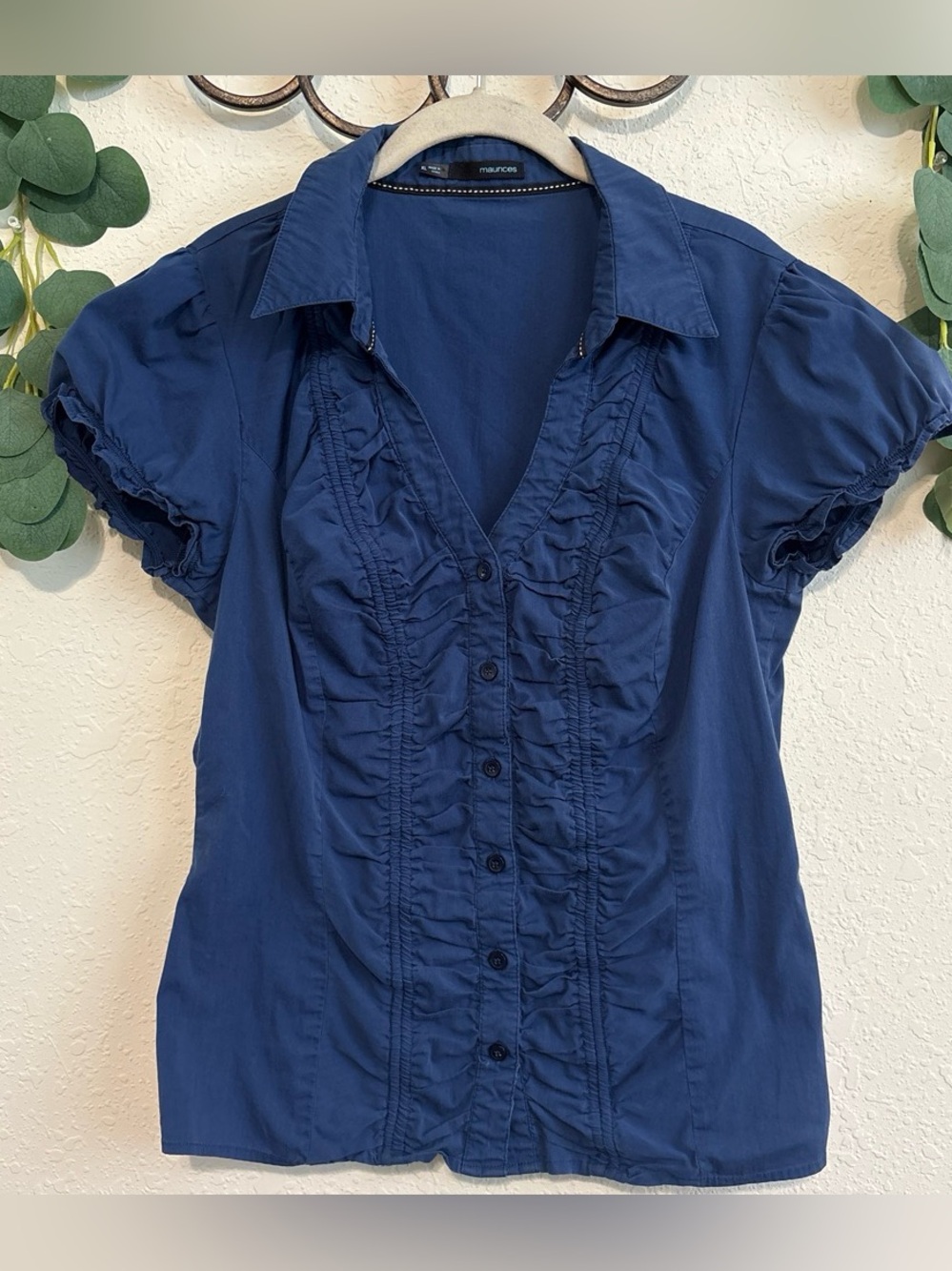 Y2K Office-Siren Blue Ruched Button-Up Top✨